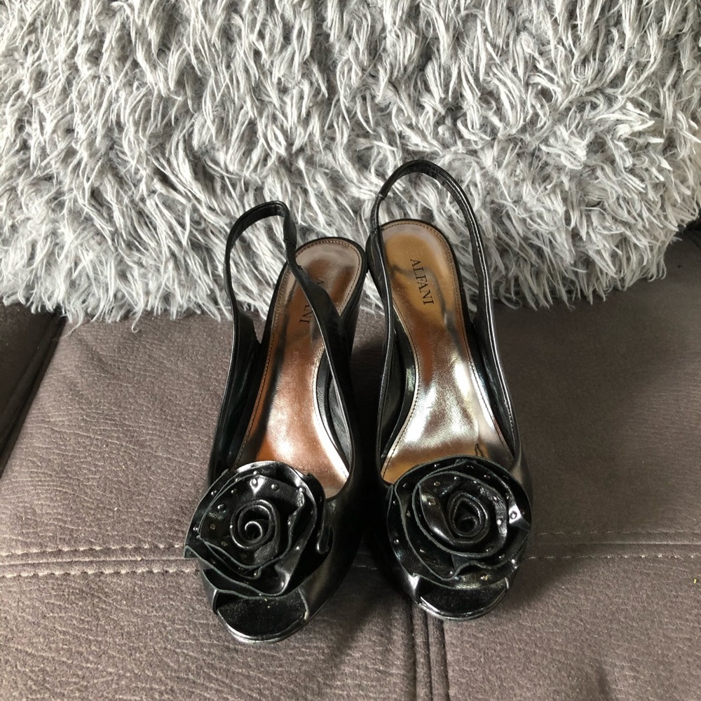 ALFANI Black Leather Slingback Wedge Sandals S6